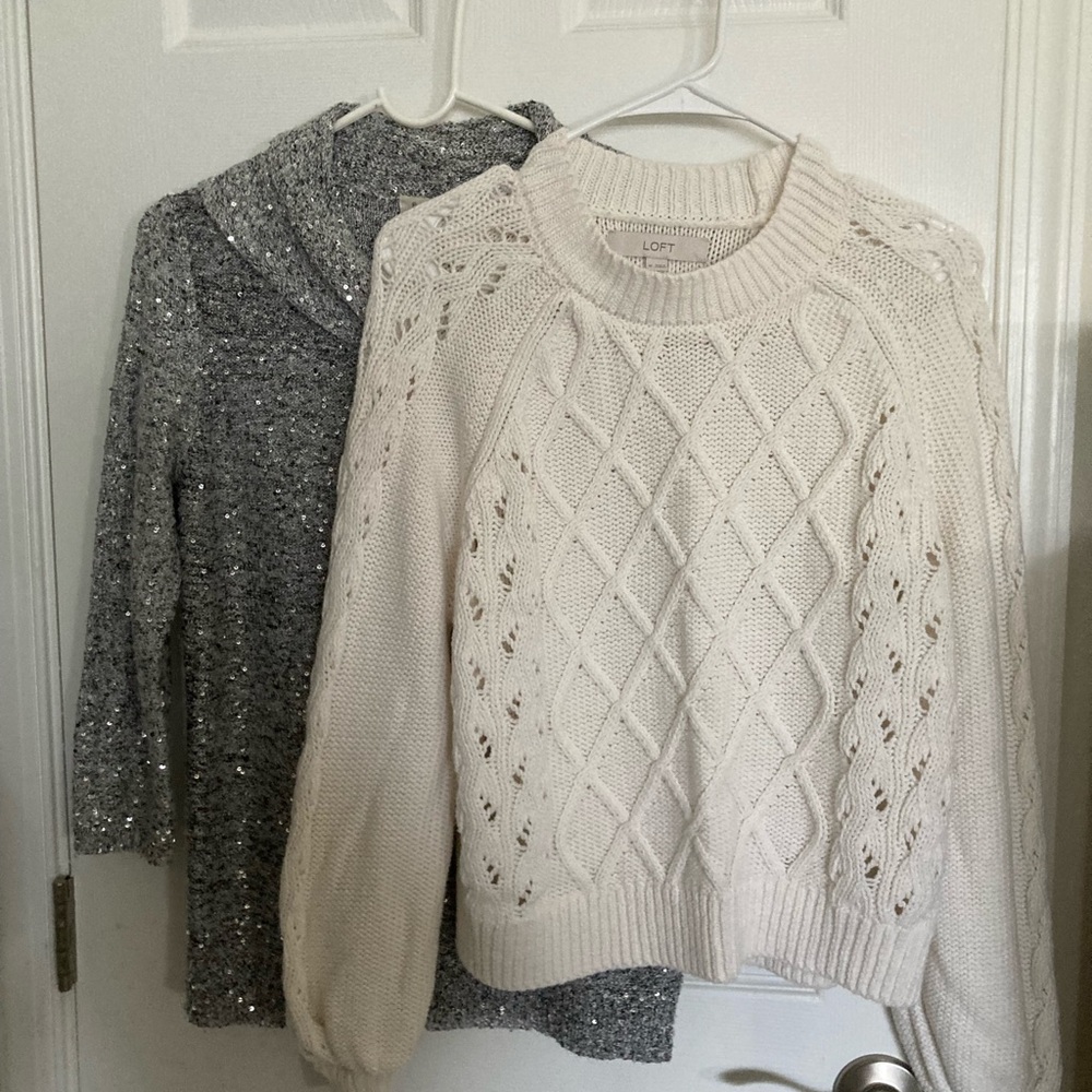 LOFT M Cream and Gray Sweater  with emaline sequin stunner.